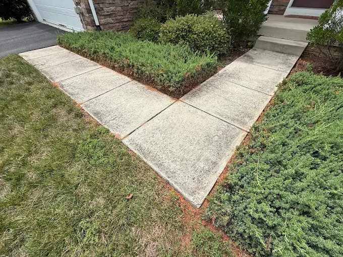 Dirty, darkened concrete walkway before pressure washing