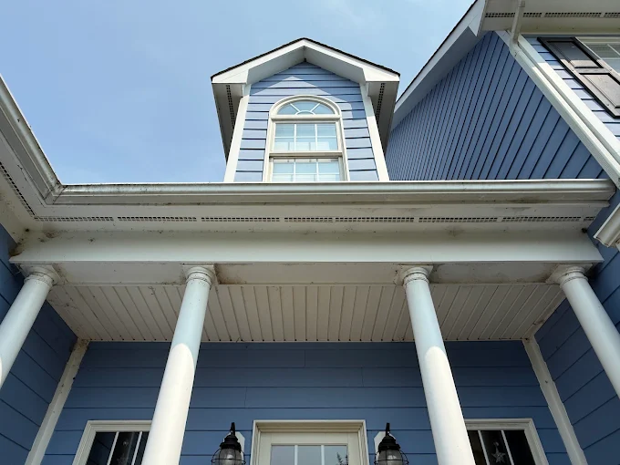 Blue vinyl siding house covered in algae and dirt before house soft washing